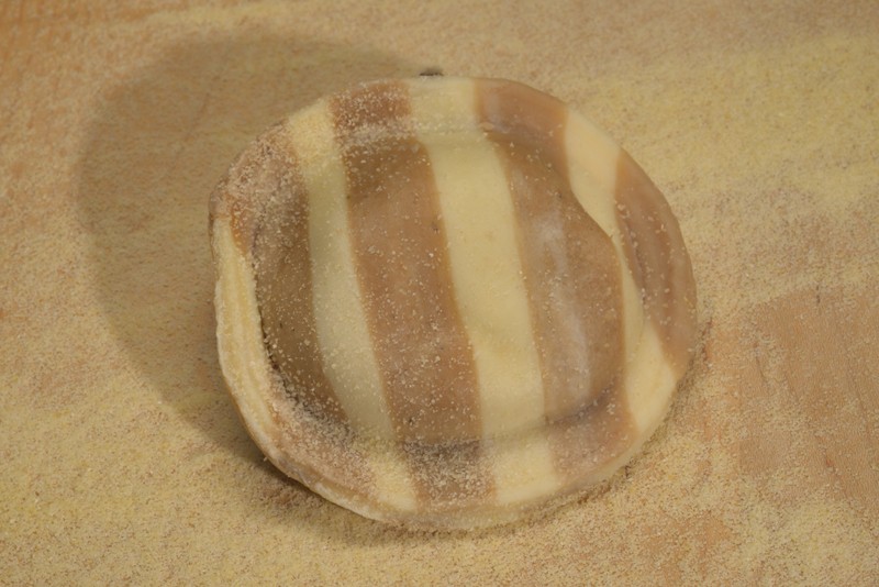 Porcini Mushroom wrapped in Striped Dough - Ravioli (Large Round)